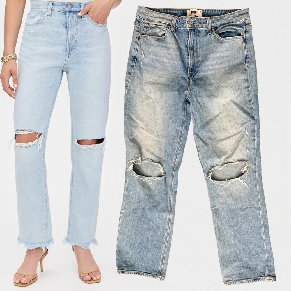 PAIGE Cindy High Rise Straight Leg Jeans Distressed Blue 31
